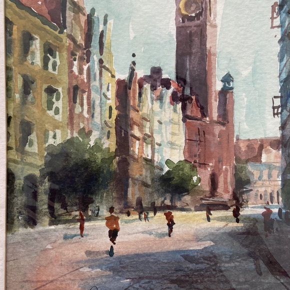 Water color of a European Bell Tower and Street picture wrapped in clear cover - Picture 2 of 10